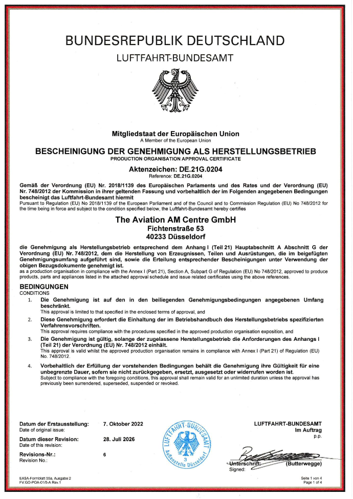 EASA Part-21G Approval Certificate